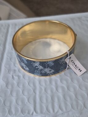Coach Gold-Tone Bangle with Blue Signature Carriage Pattern